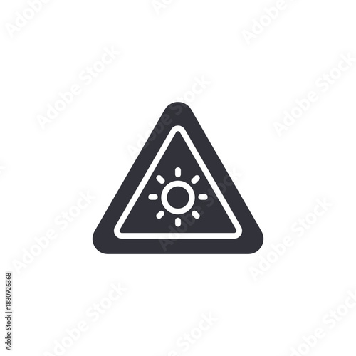 Sun warning icon inside triangular sign, symbolizing heatwave alert, extreme sunlight exposure, high UV index, and hot weather danger.