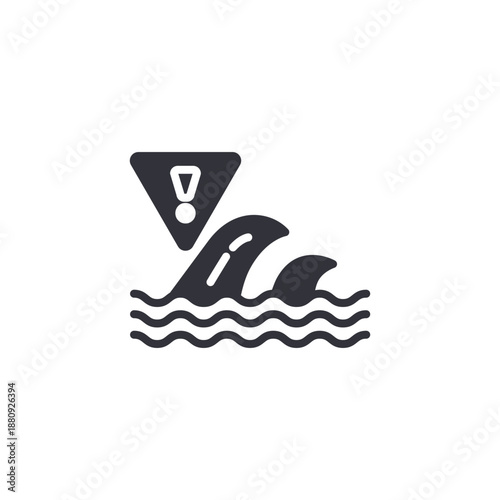 Large ocean waves with warning sign icon symbolizing tsunami alert, coastal hazard, dangerous sea conditions, and marine safety warning.