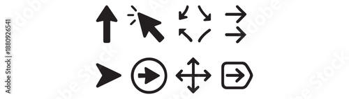 Arrow icon set. Arrow. Cursor. Black vector arrows icons. Modern simple arrows. Black arrow pointing to the right. Black direction pointer. Vector illustration.	
