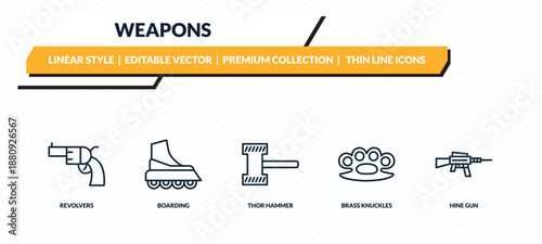 weapons icons set - revolvers, boarding, thor hammer, brass knuckles, hine gun outline vector collection.