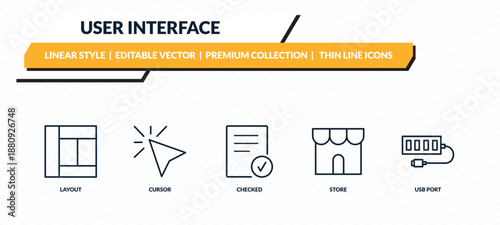 user interface icons set - layout, cursor, checked, store, usb port outline vector collection.