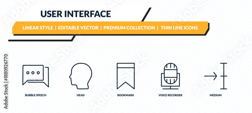 user interface icons set - bubble speech, head, bookmark, voice recorder, medium outline vector collection.