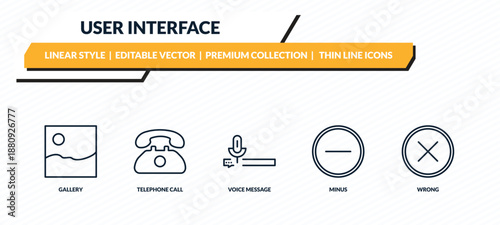 user interface icons set - gallery, telephone call, voice message, minus, wrong outline vector collection.