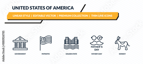 united states of america icons set - government, patriotic, golden state, father's day, donkey outline vector collection.