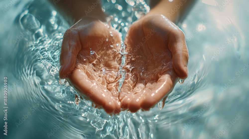 Fototapeta premium Touching sparkling water, Fingers hold gleaming liquid calmly, Clasping radiant liquid under peaceful surroundings, Hold shimmering water amidst tranquil and silent environment
