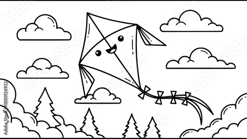 Cute linear coloring page of smiling kite flying in sunny sky with clouds and trees
