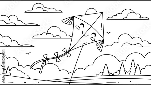 Cute linear coloring page of smiling kite flying in sunny sky with clouds and trees
