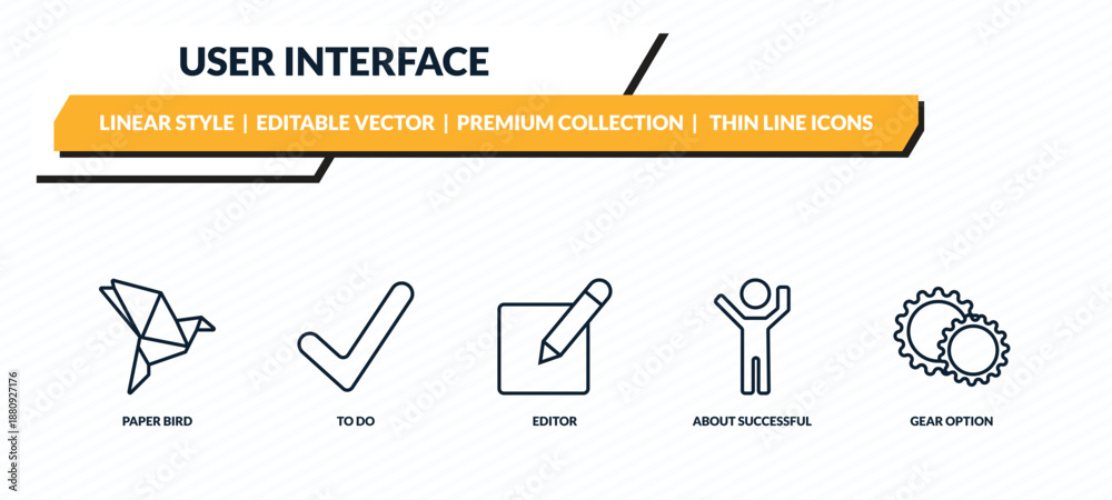 Fototapeta premium user interface icons set - paper bird, to do, editor, about successful man, gear option outline vector collection.