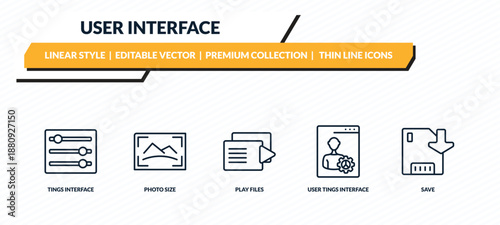 user interface icons set - tings interface, photo size, play files, user tings interface, save outline vector collection.