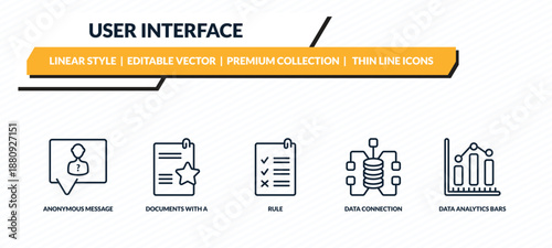 user interface icons set - anonymous message, documents with a star, rule, data connection, data analytics bars outline vector collection.