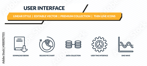 user interface icons set - download ebook, reload pie chart, data collection, user ting interface, sine wave outline vector collection.