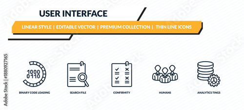 user interface icons set - binary code loading, search file, confirmity, humans, analytics tings outline vector collection.