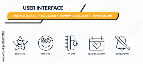 user interface icons set - cinema star, nerd smile, ink level, heart on calendar, disable alarm outline vector collection.