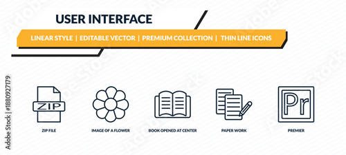 user interface icons set - zip file, image of a flower, book opened at center, paper work, premier outline vector collection.