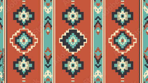 Geometric pattern featuring diamonds and floral motifs in a symmetrical arrangement with orange, teal, and beige colors.