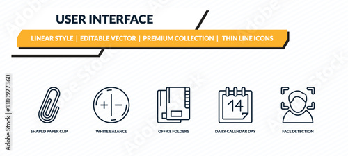 user interface icons set - shaped paper clip, white balance, office folders, daily calendar day 14, face detection outline vector collection.