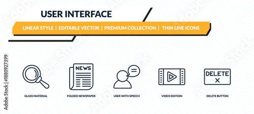 user interface icons set - glass material, folded newspaper, user with speech bubble, video edition, delete button outline vector collection.