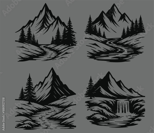 Monochrome Illustration of Mountains and Forest in Silhouette Format