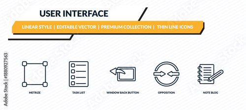 user interface icons set - metrize, task list, window back button, opposition, note blog outline vector collection.