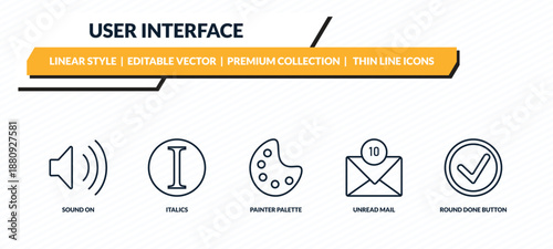 user interface icons set - sound on, italics, painter palette, unread mail, round done button outline vector collection.