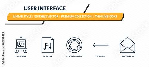 user interface icons set - artboard, music file, synchronisation, slim left, open envelope outline vector collection.