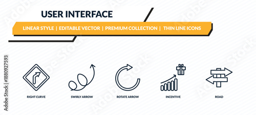 user interface icons set - right curve, swirly arrow, rotate arrow, incentive, road outline vector collection.