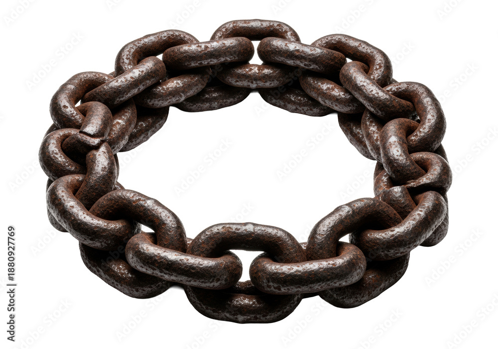 Obraz premium extreme close-up macro shot of a heavily rusted, oxidized industrial steel chain, coiled into an elliptical frame against a transparent studio background with central copy space. Juxtaposition of