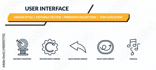 user interface icons set - archery champion, rotated right arrow, back drawn arrow, right loop arrow, musical outline vector collection.