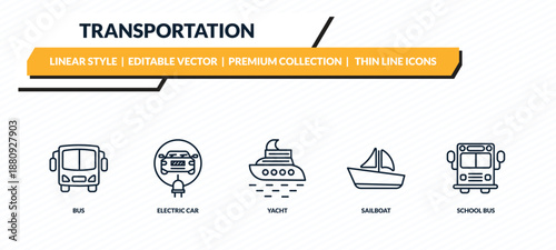 transportation icons set - bus, electric car, yacht, sailboat, school bus outline vector collection.