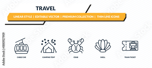travel icons set - cable car, camping tent, crab, shell, train ticket outline vector collection.