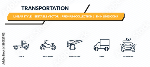 transportation icons set - truck, motorbike, hang glider, lorry, hybrid car outline vector collection.