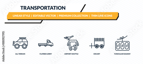 transportation icons set - all terrain, flatbed lorry, airport shuttle, oxcart, funicular railway outline vector collection.