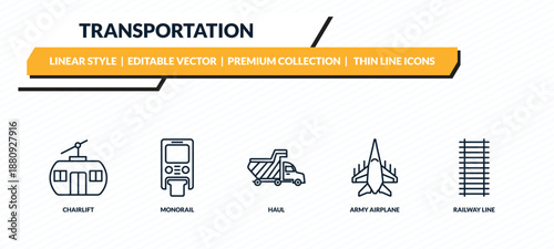 transportation icons set - chairlift, monorail, haul, army airplane, railway line outline vector collection.