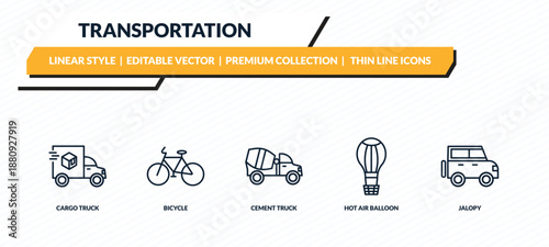 transportation icons set - cargo truck, bicycle, cement truck, hot air balloon, jalopy outline vector collection.