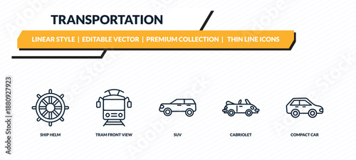 transportation icons set - ship helm, tram front view, suv, cabriolet, compact car outline vector collection.