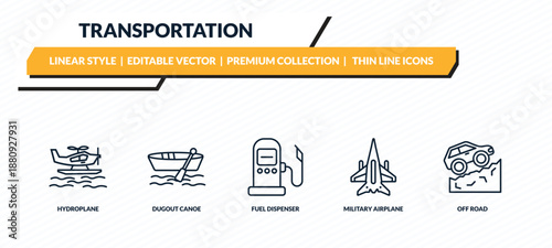 transportation icons set - hydroplane, dugout canoe, fuel dispenser, military airplane, off road outline vector collection.