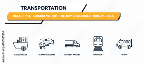transportation icons set - paddlewheeler, military helicopter, eighteen-wheeler, train front, minibus outline vector collection.