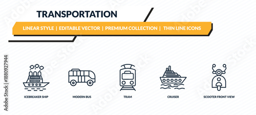 transportation icons set - icebreaker ship, modern bus, tram, cruiser, scooter front view outline vector collection.