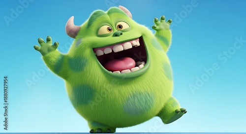 Joyful Green Monster with Big Smile and Horns on Blue Background.
