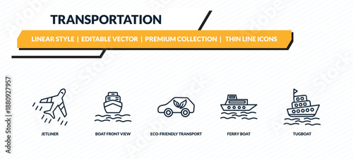 transportation icons set - jetliner, boat front view, eco-friendly transport, ferry boat, tugboat outline vector collection.