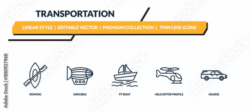 transportation icons set - rowing, dirigible, pt boat, helicopter profile, hearse outline vector collection.
