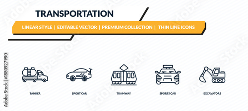 transportation icons set - tanker, sport car, tramway, sports car, excavators outline vector collection.