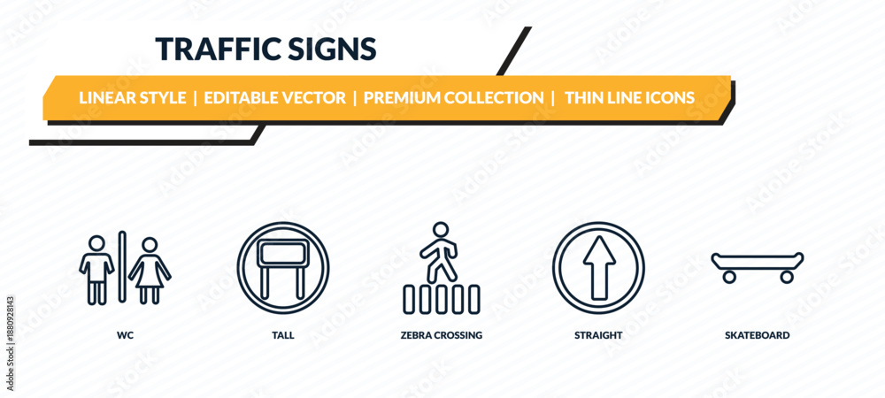 Fototapeta premium traffic signs icons set - wc, tall, zebra crossing, straight, skateboard outline vector collection.
