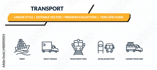 transport icons set - ferry, heavy vehicle, train front view, scholar bus stop, loaded truck side view outline vector collection.