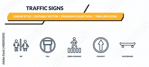 traffic signs icons set - wc, tall, zebra crossing, straight, skateboard outline vector collection.