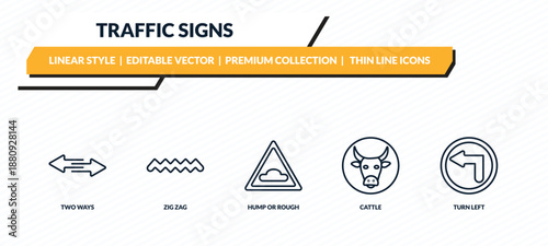 traffic signs icons set - two ways, zig zag, hump or rough, cattle, turn left outline vector collection.