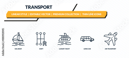 transport icons set - sail boat, shift, luxury yacht, long car, air transport outline vector collection.