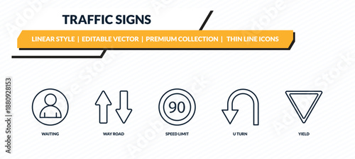 traffic signs icons set - waiting, way road, speed limit, u turn, yield outline vector collection.