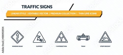 traffic signs icons set - winding road, slippery, y intersection, tram, steep descent outline vector collection.