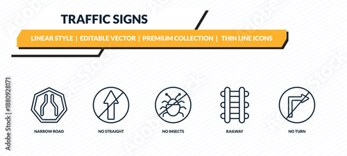 traffic signs icons set - narrow road, no straight, no insects, railway, no turn outline vector collection.